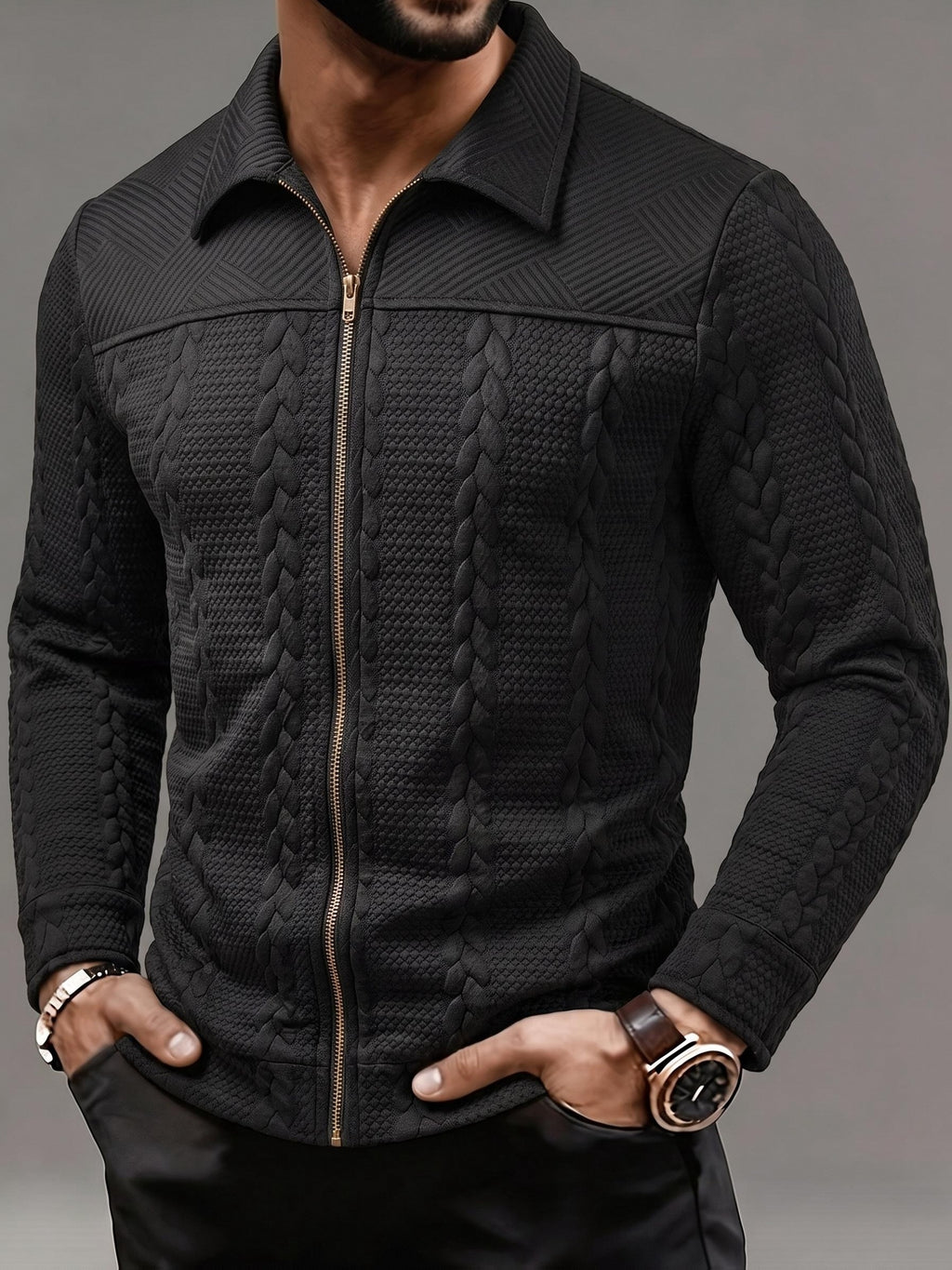 Men's Fashion Jacket, Autumn/Winter Outdoor Casual Random Cut Textured Jacquard Fabric, Lapel Zipper Long Sleeve Men's Jacket - Black