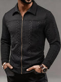 Men's Fashion Jacket, Autumn/Winter Outdoor Casual Random Cut Textured Jacquard Fabric, Lapel Zipper Long Sleeve Men's Jacket - Black