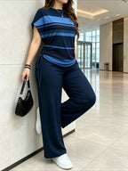 Ladies Two-Piece Set - Casual Minimalist Vacation Style Two-Piece Set - Red And Blue Stripe Design, Suitable for Summer And Autumn Transition Wear, Bow Side Drawstring - Mixed Color 3