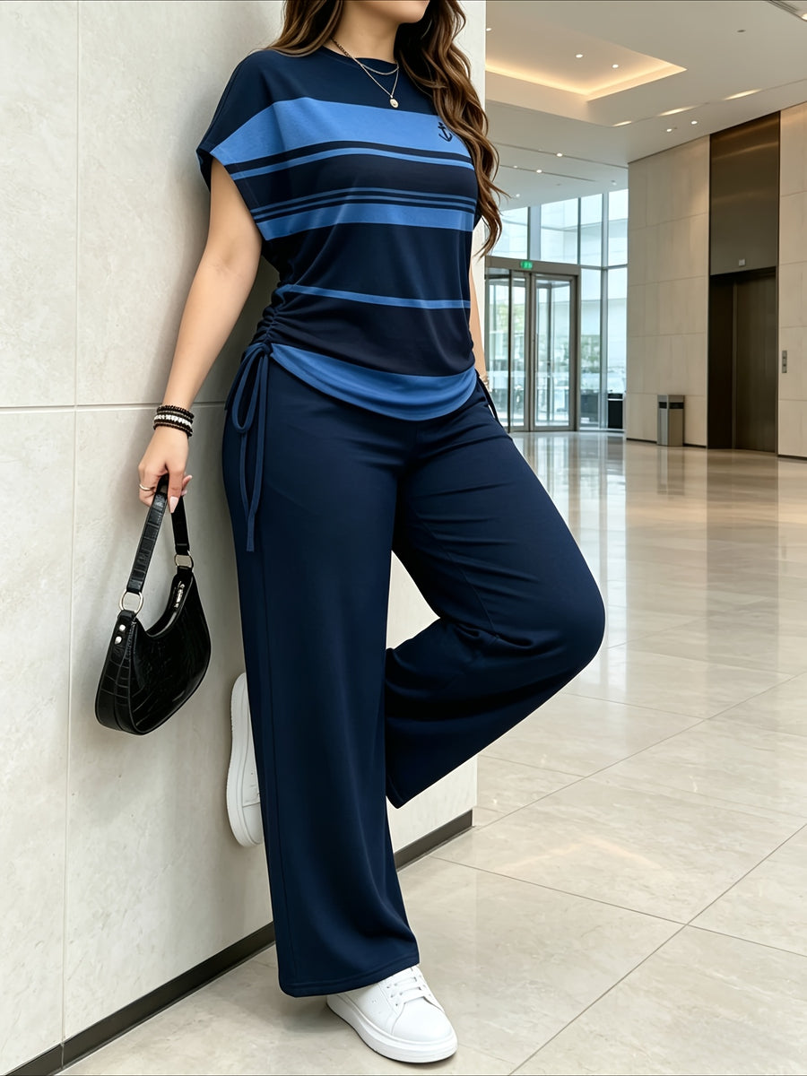 Ladies Two-Piece Set - Casual Minimalist Vacation Style Two-Piece Set - Red And Blue Stripe Design, Suitable for Summer And Autumn Transition Wear, Bow Side Drawstring - Mixed Color 3