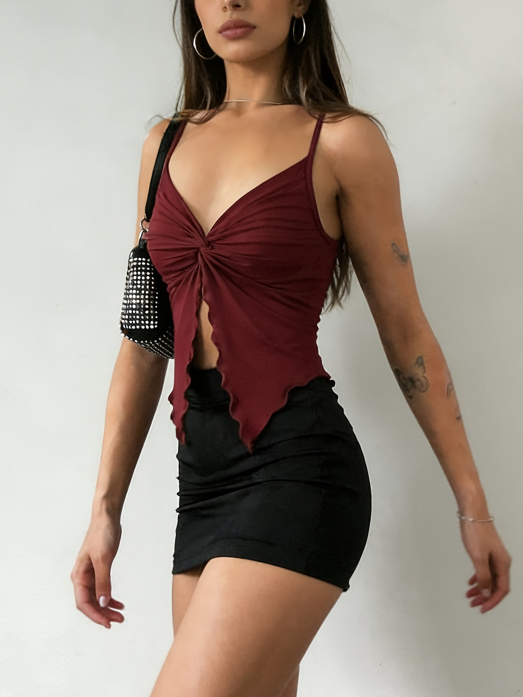 1pc Women'S Front-Slit Hem Camisole Top, Vacation Style, Design-Oriented Sexy Solid-Color Tank Top, Summer Cute Top Single Piece - Burgundy
