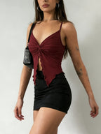 1pc Women'S Front-Slit Hem Camisole Top, Vacation Style, Design-Oriented Sexy Solid-Color Tank Top, Summer Cute Top Single Piece - Burgundy
