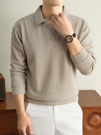 Autumn/Winter Knitted Solid Color Lapel Sweater, Basic Knit Pullover, Men's Fashion Long Sleeve Knitwear, All Sizes - Beige Color