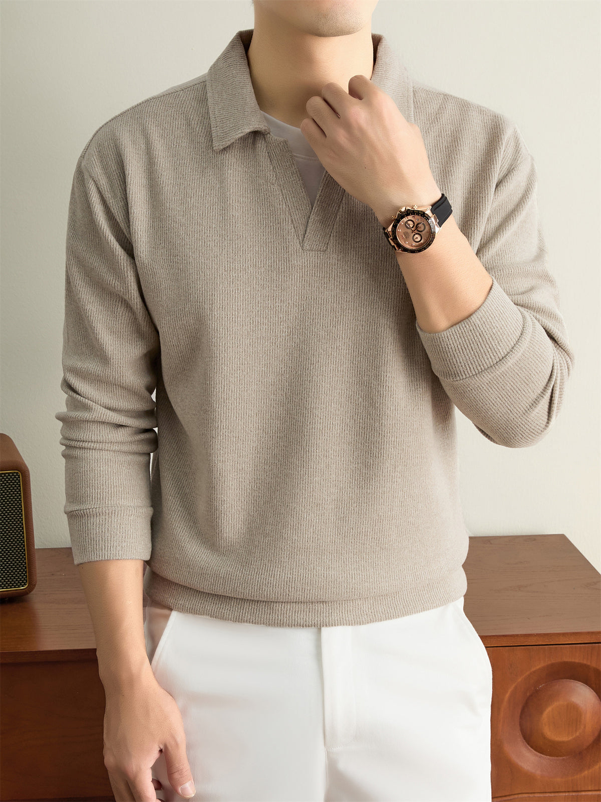 Autumn/Winter Knitted Solid Color Lapel Sweater, Basic Knit Pullover, Men's Fashion Long Sleeve Knitwear, All Sizes - Beige Color