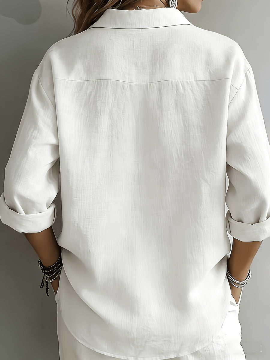Solid Color French Loose Semi-Open Collar Shirt Women'S Lazy Style Long Sleeve Casual Blouse Office Top - White