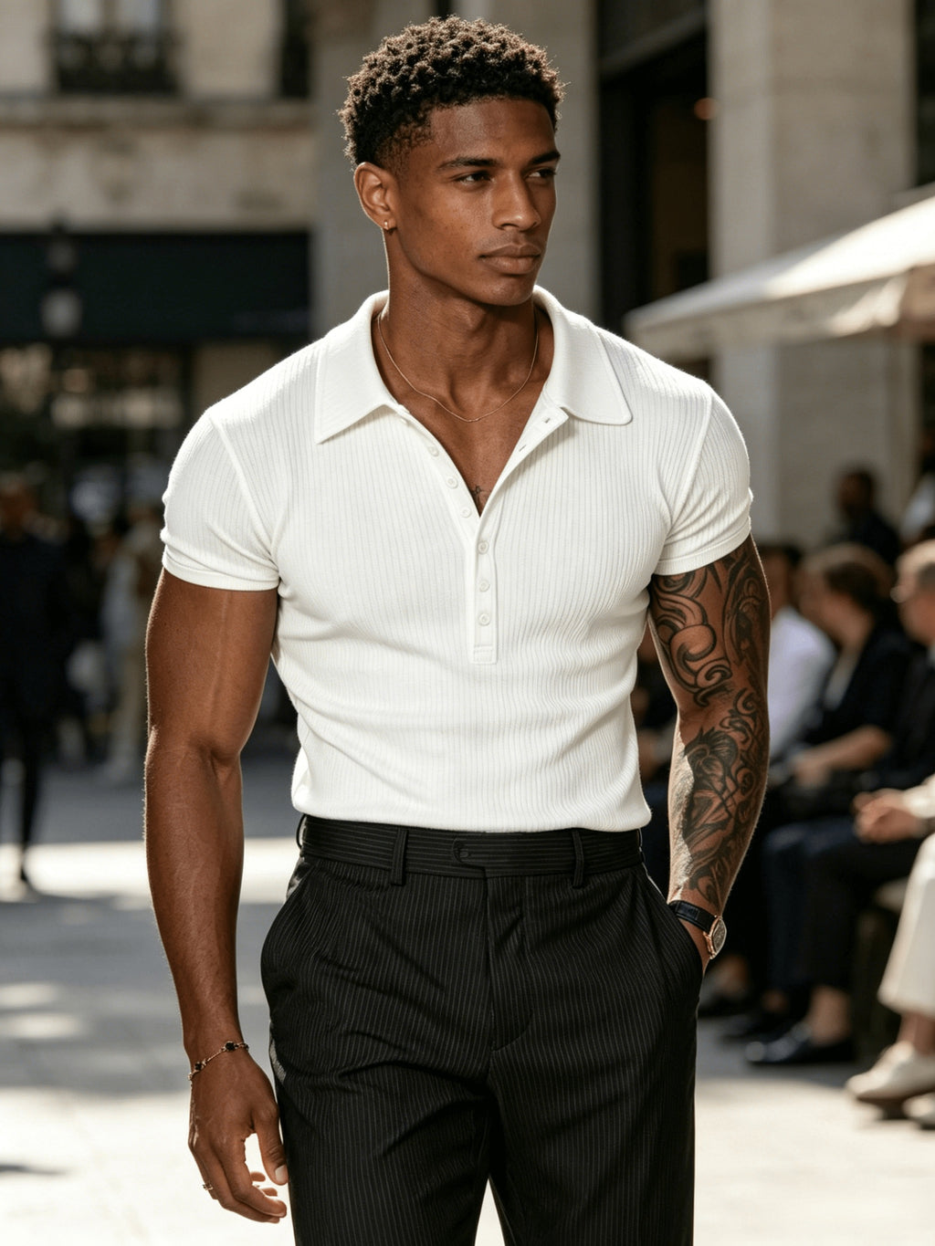 Pearson OBM Men's Summer Lightweight Black Knit Polo Shirt, Regular Fit Short Sleeve Top, European and American Streetwear Brand Slim Fit Base Layer - White