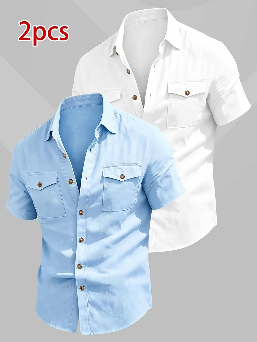 Zhiyu OBM 2pcs Fashionable New Men's Short-Sleeve Shirts, 2pcs with Dual Pocket Design, Suitable for Commuting, Casual Wear, and Vacations - Lake Blue, White