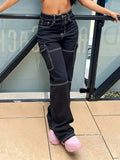 Pouch Patchwork Stretch Denim Long Pants - Black