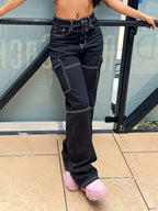 Pouch Patchwork Stretch Denim Long Pants - Black