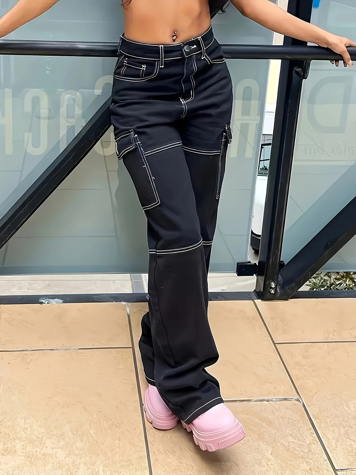 Pouch Patchwork Stretch Denim Long Pants - Black