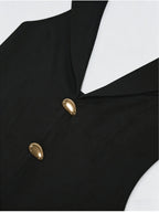 Elegant Exquisite Women'S Black Sleeveless Lapel Metal Button Waist-Cinched A-Line Dress Bridesmaid Dress Fashion Temperament Piece for Commute Date Dinner Party Daily Outfit - Black