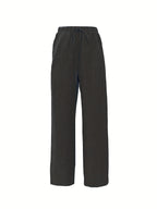 Stretch Elastic Waist Women's Pants with Insert Pockets, Simple and Versatile, 100% Polyester - Black
