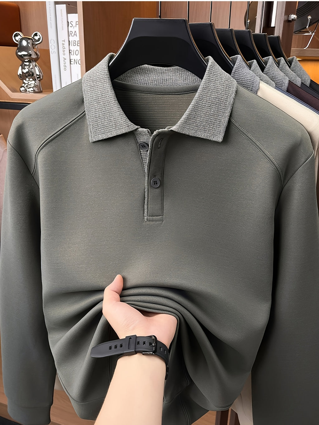 Autumn Contrast Collar Long Sleeve Polo Shirt, Men'S Drop Shoulder Knit Pullover, Spring Autumn Business Casual Base Layer Top, Loose Patchwork Collar T-Shirt, Casual Fishing Top - Dark Gray