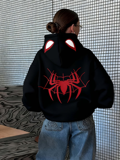(Bzra) 1pc Regular Hooded Sweatshirt, Fashionable All-Match Spider Web Pattern Printed Hoodie, for Autumn And Winter, Women'S Clothing - Black