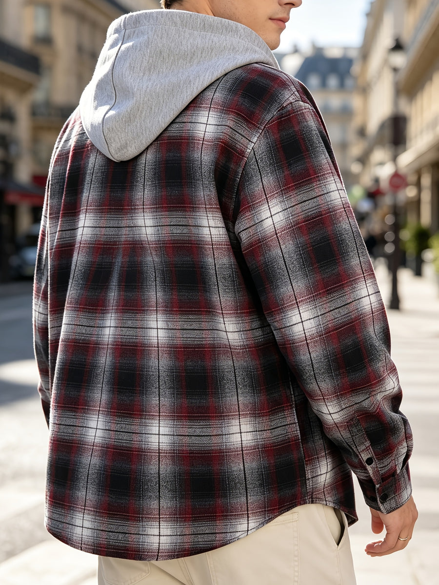 Men'S Hooded Plaid Shirt Jacket, Classic Color-Block Checkered Design, Layered And Practical, Loose Drop Shoulder Fit, Easy And Elegant Chest Pocket Detail, Suitable for Spring/Autumn Daily Commute, Casual Outings, And Dates - Black And Red Grid