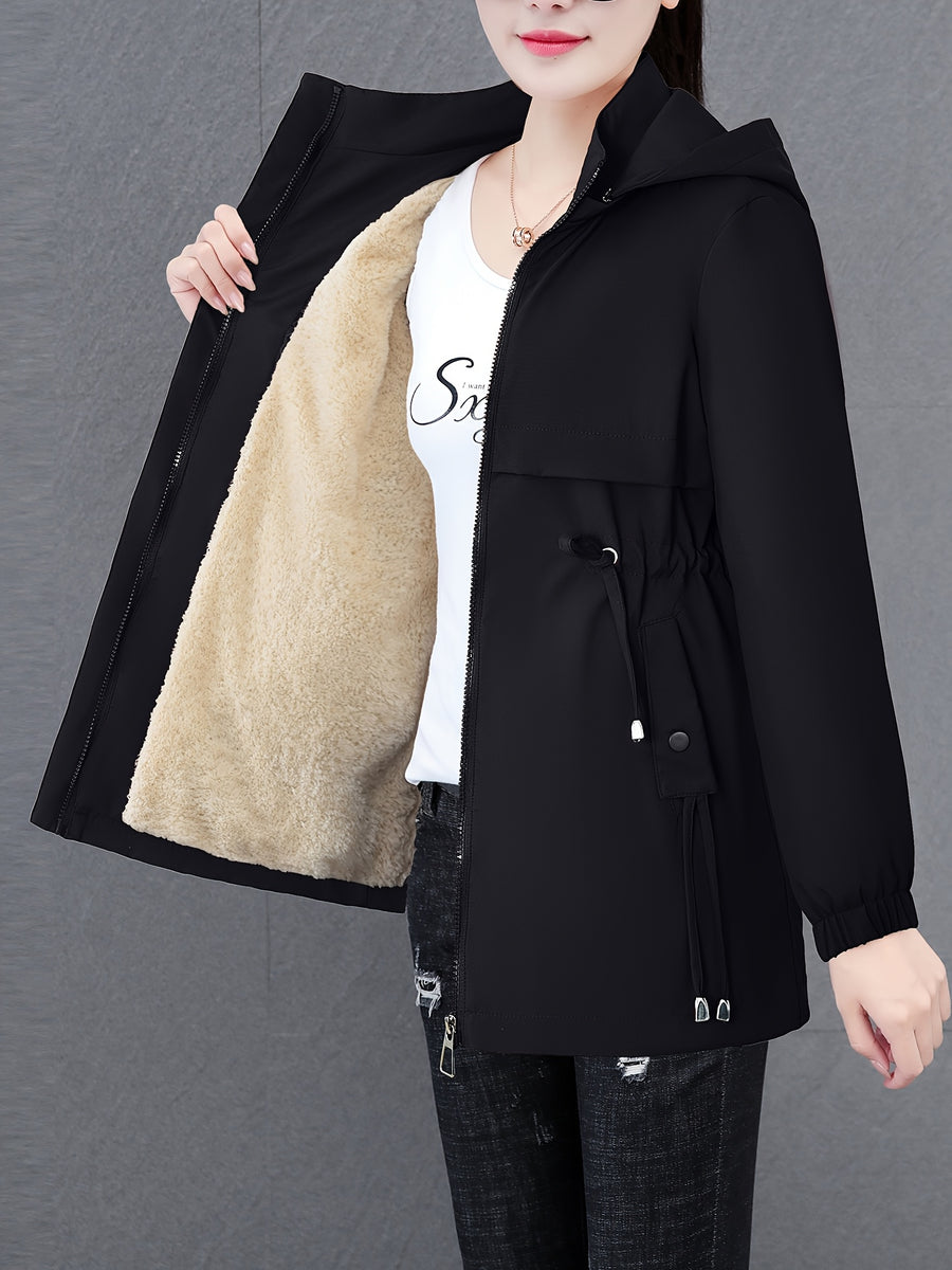 Women'S Fall Winter Fleece-Lined Thick Trench Coat, Warm Top Outerwear for Autumn Winter Season, Drawstring Waist Design, Elastic Windproof Cuffs, Easy Comfortable Lightweight Coat - Black