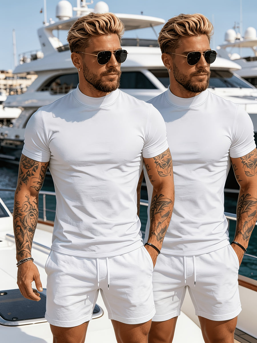 2pcs Spring/Summer New Arrival Men's Tops, Fashionable Sporty Mid-High Neck Short Sleeve Outerwear, Casual, Comfortable, Lightweight, Skin-Friendly, Trendy, Versatile, Refreshing, and Durable - Mixed colors