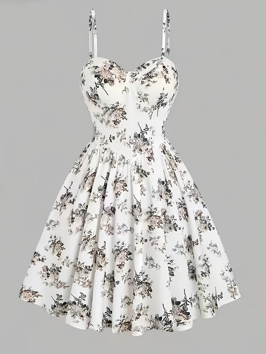 Summer Elegant Floral Print Waist-Cinching Strappy Mini Dress for Women - White & flower