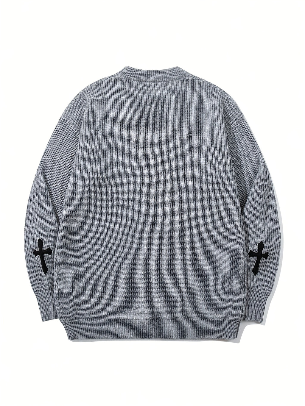 Korean Style Autumn Clothing Back to School Opening Outfit Round Neck Ribbed Label Embroidered Sweater Men Women Trendy Unisex Autumn Winter Fashion Round Neck Pullover Long Sleeve Knit Loose All-Match Top - Grey