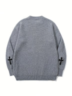 Korean Style Autumn Clothing Back to School Opening Outfit Round Neck Ribbed Label Embroidered Sweater Men Women Trendy Unisex Autumn Winter Fashion Round Neck Pullover Long Sleeve Knit Loose All-Match Top - Grey