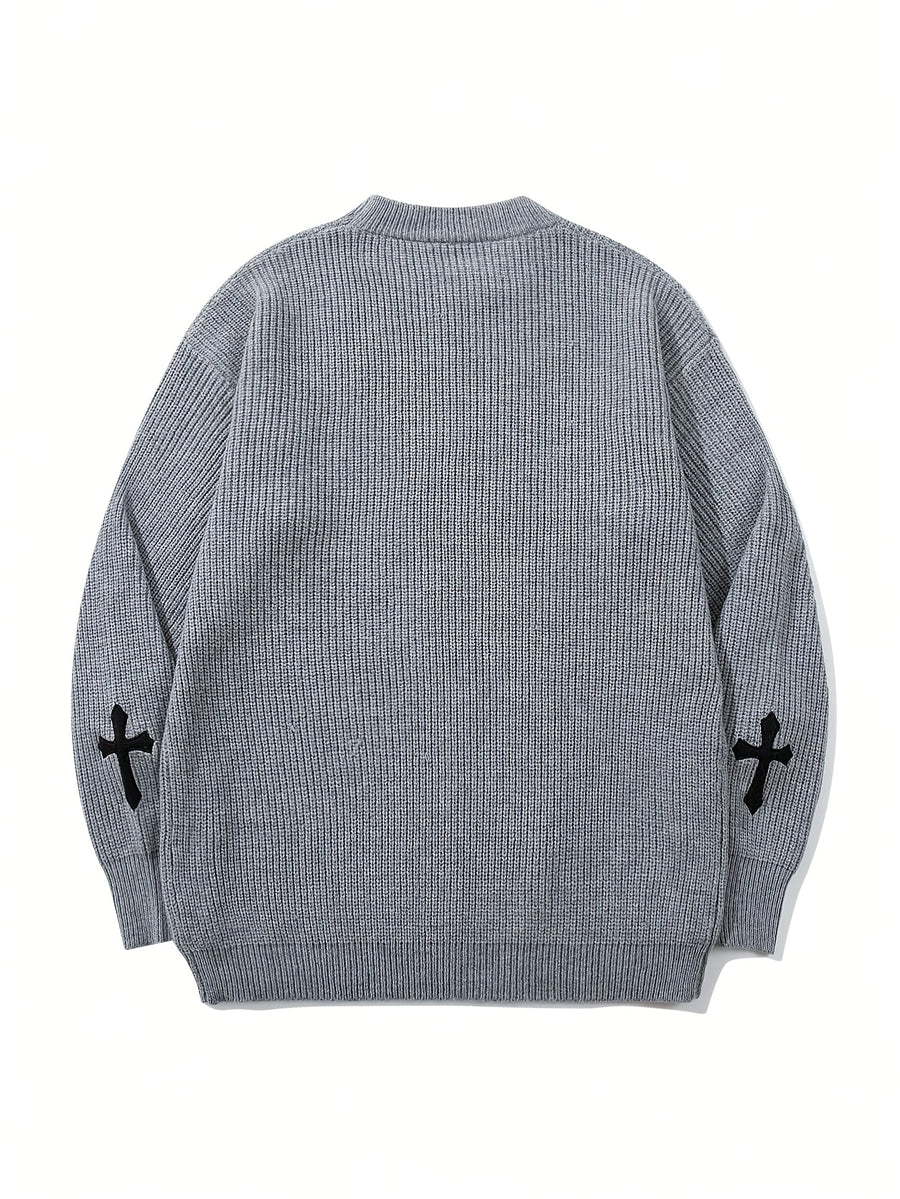 Korean Style Autumn Clothing Back to School Opening Outfit Round Neck Ribbed Label Embroidered Sweater Men Women Trendy Unisex Autumn Winter Fashion Round Neck Pullover Long Sleeve Knit Loose All-Match Top - Grey