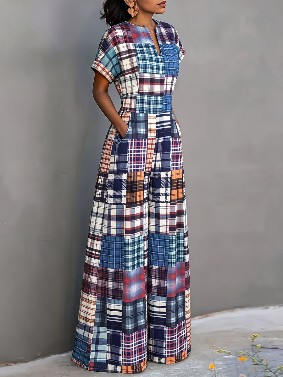2026 Spring/Summer New Retro Color Block Plaid Short Sleeve Jumpsuit for Women, V-Neck, Waist-Cinching, Wide-Leg Long Pants, American Casual Retro Style One-Piece Suit, Rich Retro, with an American Casual Atmosphere. Small V-Neck Is Easy And Neat - Mixed colors