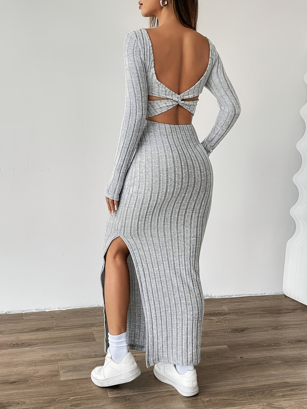 Ribbed Dress, Long-sleeve Tweed Casual Dress - Silvery Grey