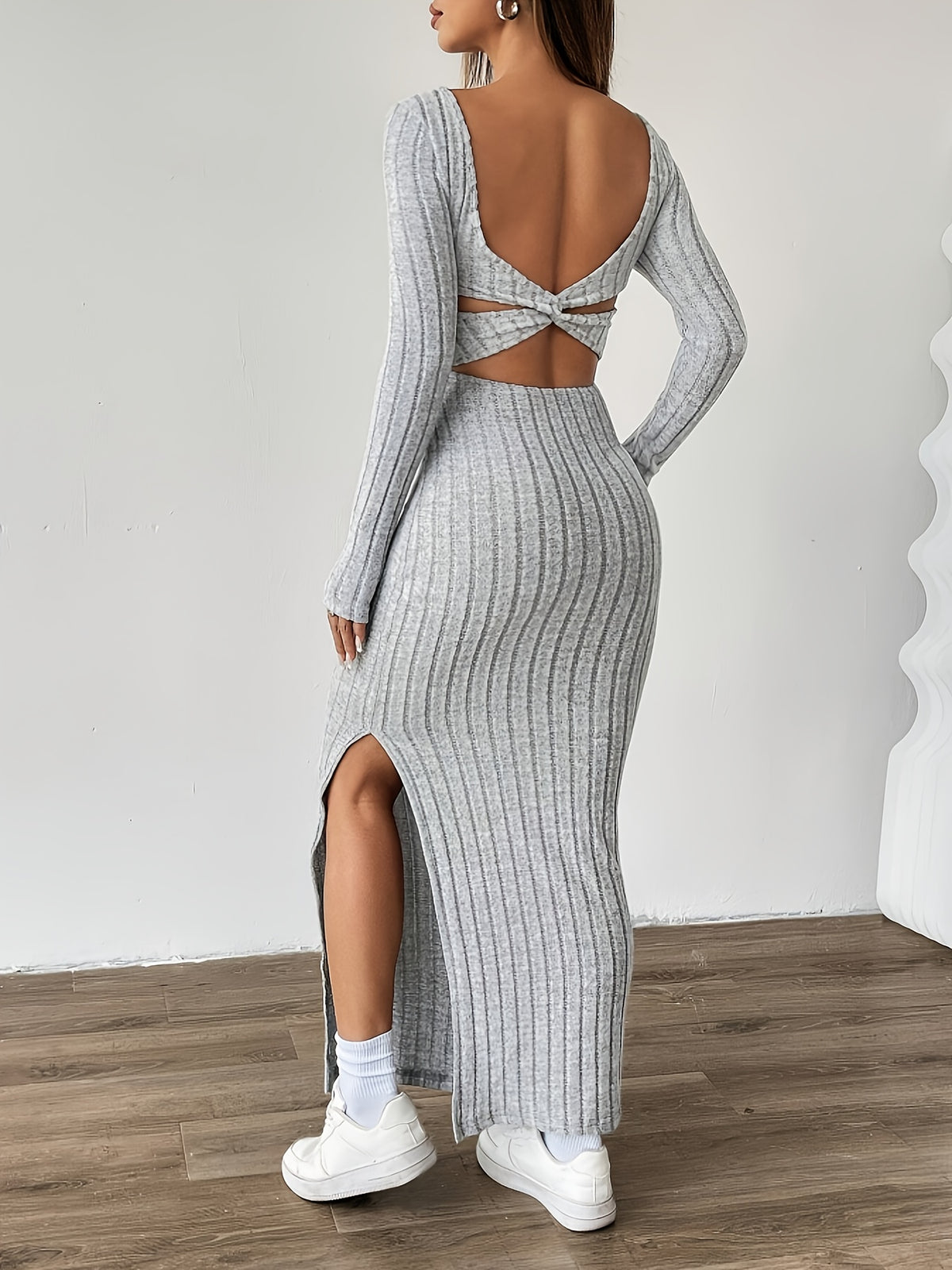 Ribbed Dress, Long-sleeve Tweed Casual Dress - Silvery Grey