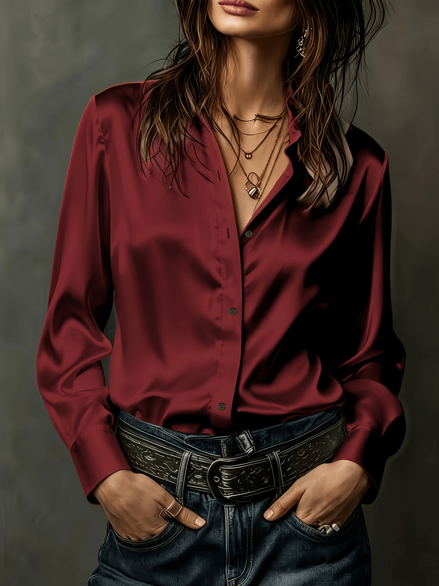Women's All-Season Commuter Satin Shirt - Burgundy