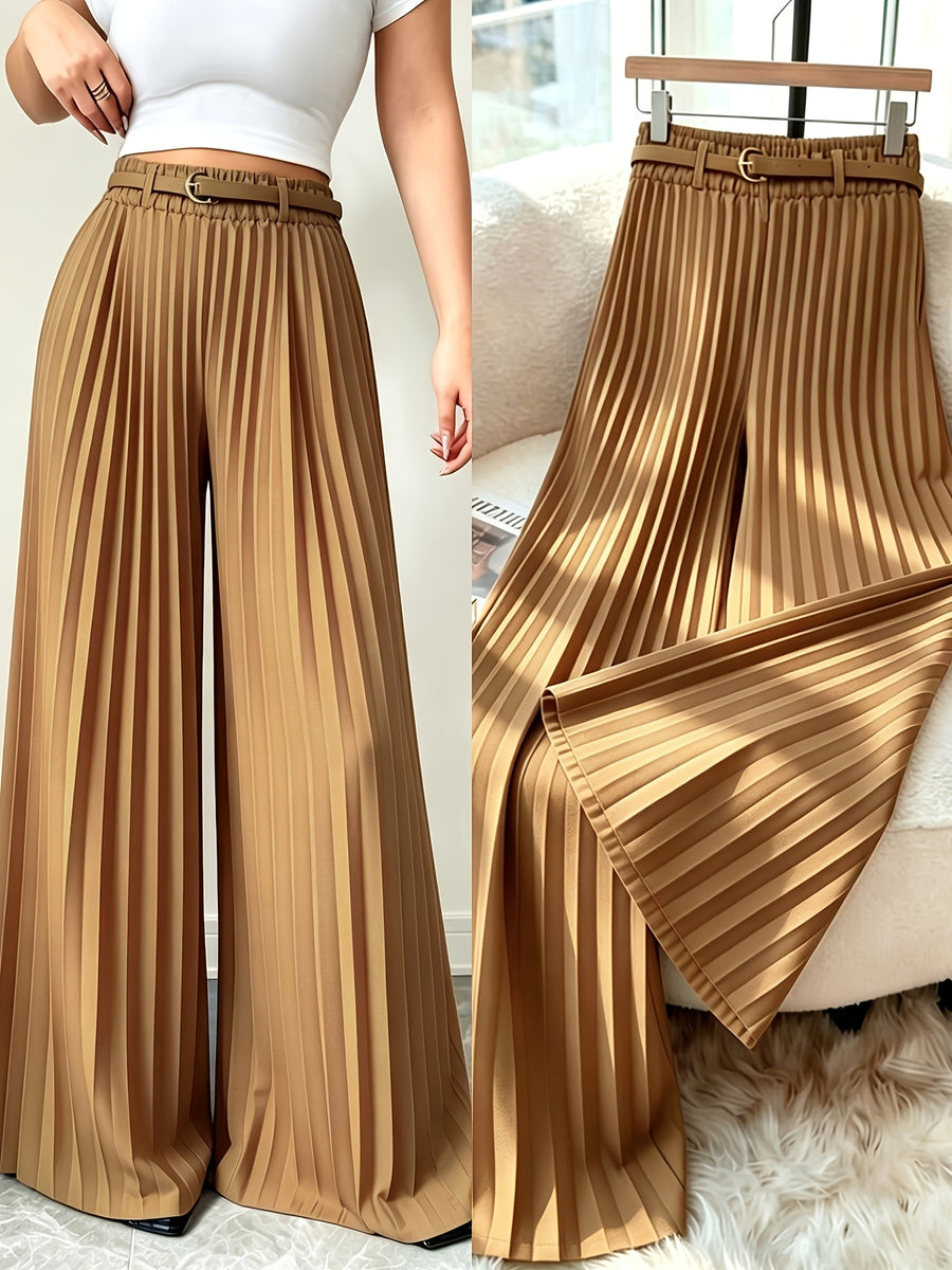 Women's Solid Color Minimalist Pleated Casual Trousers, Simple Solid Color Flowy Wide-Leg Pants, Spring, Summer, Autumn, All-Season Casual Stretch Waist Commuter Versatile Wide-Leg Pants, Belt Not Included - Brown