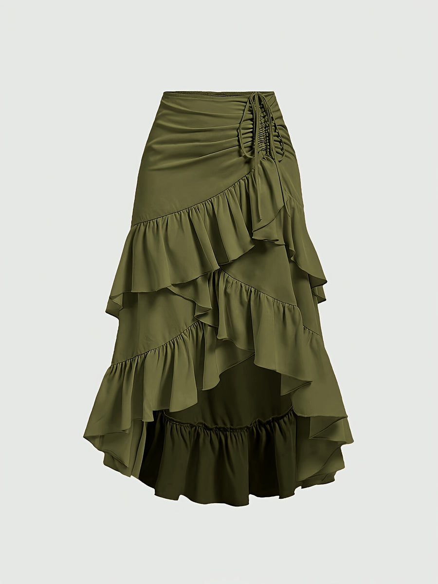 New Fashion Asymmetrical Pleated Hem Design Multi-layered Women's Skirt - Olive Green