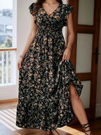 Gavin Women's Elegant V-Neck Floral Print Long Dress - Black