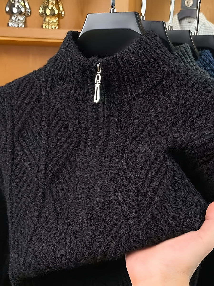 Men's Autumn/Winter Half-Turtleneck Zipper Sweater, Business Casual Pullover Base Layer Top - Black