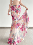Women'S Fashion Vacation Style Niche Plant Floral Print Mesh Half Skirt Versatile Flowy Long Dress - Mixed colors