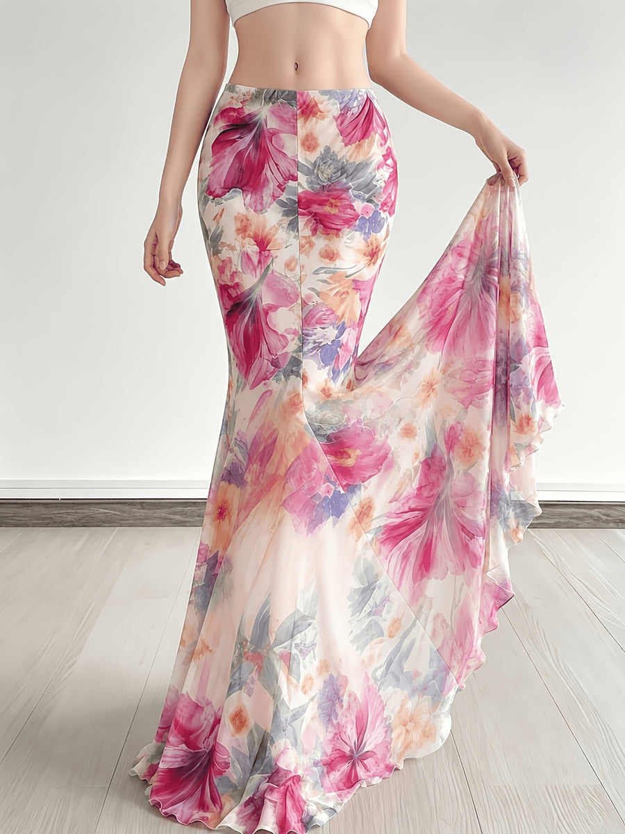 Women'S Fashion Vacation Style Niche Plant Floral Print Mesh Half Skirt Versatile Flowy Long Dress - Mixed colors