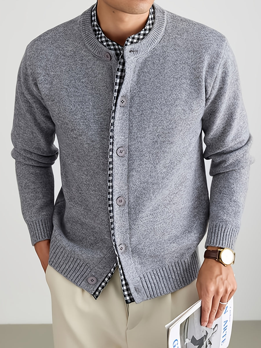 Men's Knitted Cardigan with Round Neck, Black and White Checkered Placket, 2-in-1 Look, Single-Breasted, Business Casual, Spring/Autumn Regular Fit for Daily Commuting - Light Grey