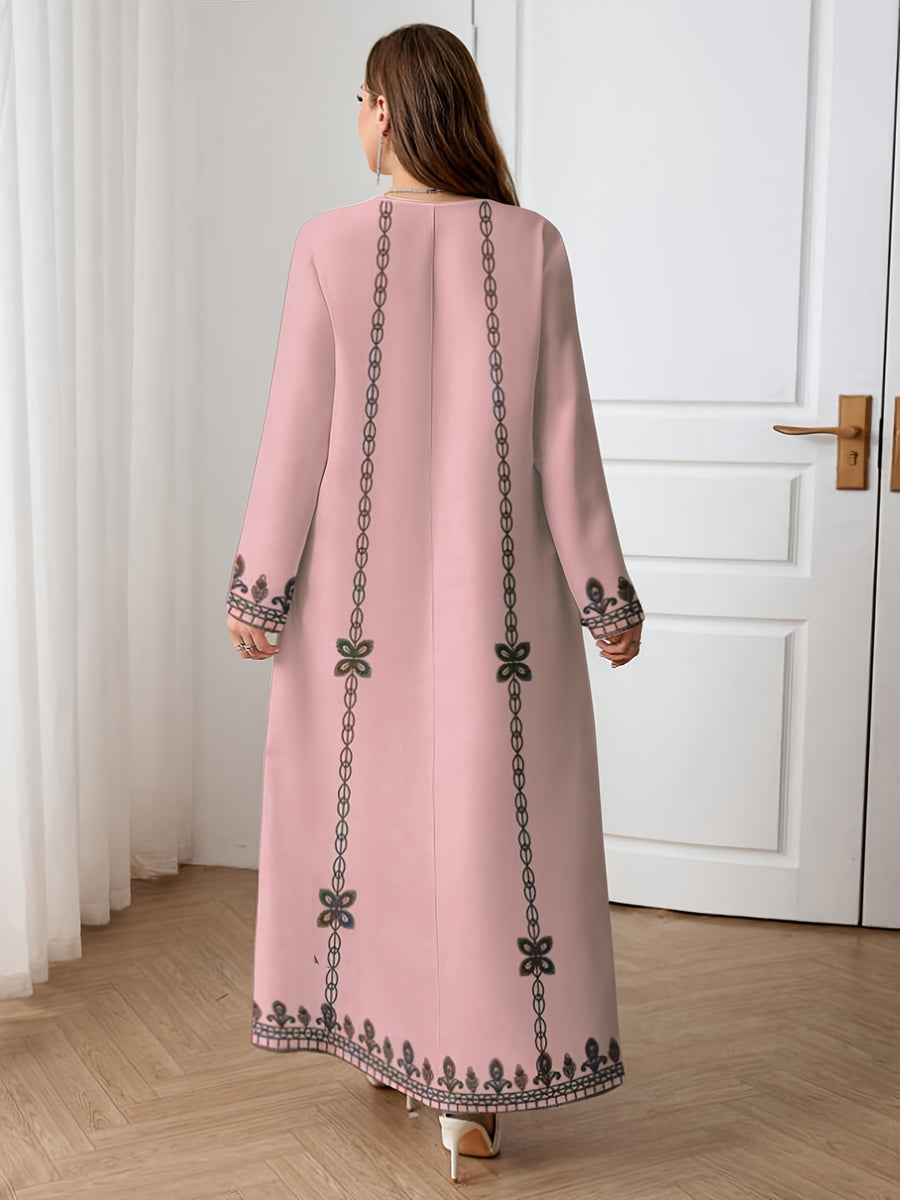 Newly Arrived Elegant Robe for The Middle Eastern Style in 2026, Featuring Ethnic Prints And a Long Skirt Suitable for Ramadan, Eid Al-Fitr, And Eid Al-Adha. This Loose And Comfortable Long-Sleeve Dress Is Perfect for Commuting And Vacationing - Pink Color