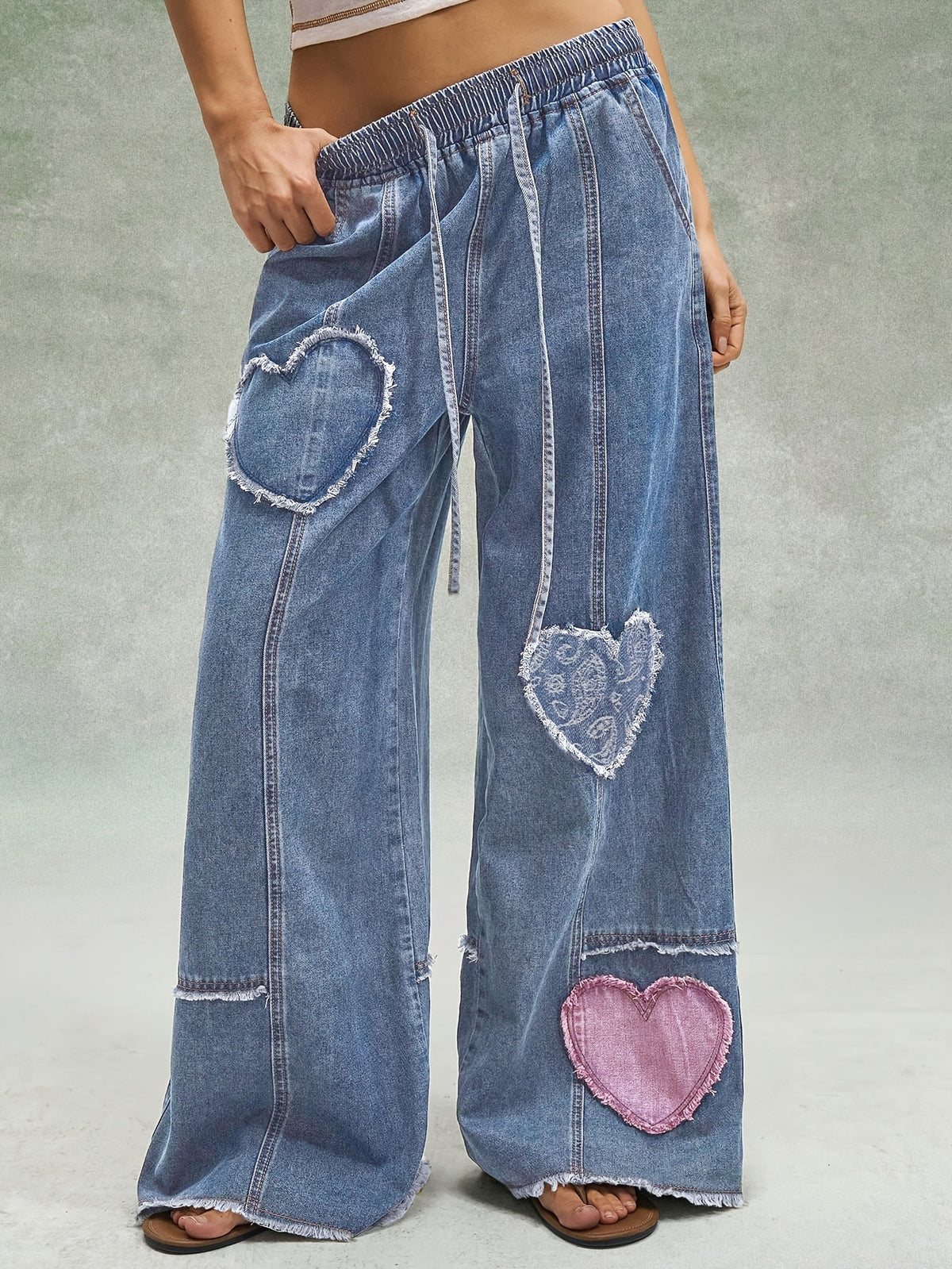 Retro Frayed Heart Patchwork Wide-Leg Denim Jeans with Drawstring Elastic Waist Design Loose Drapey Floor-Length Casual All-Match Casual Trousers - Blue