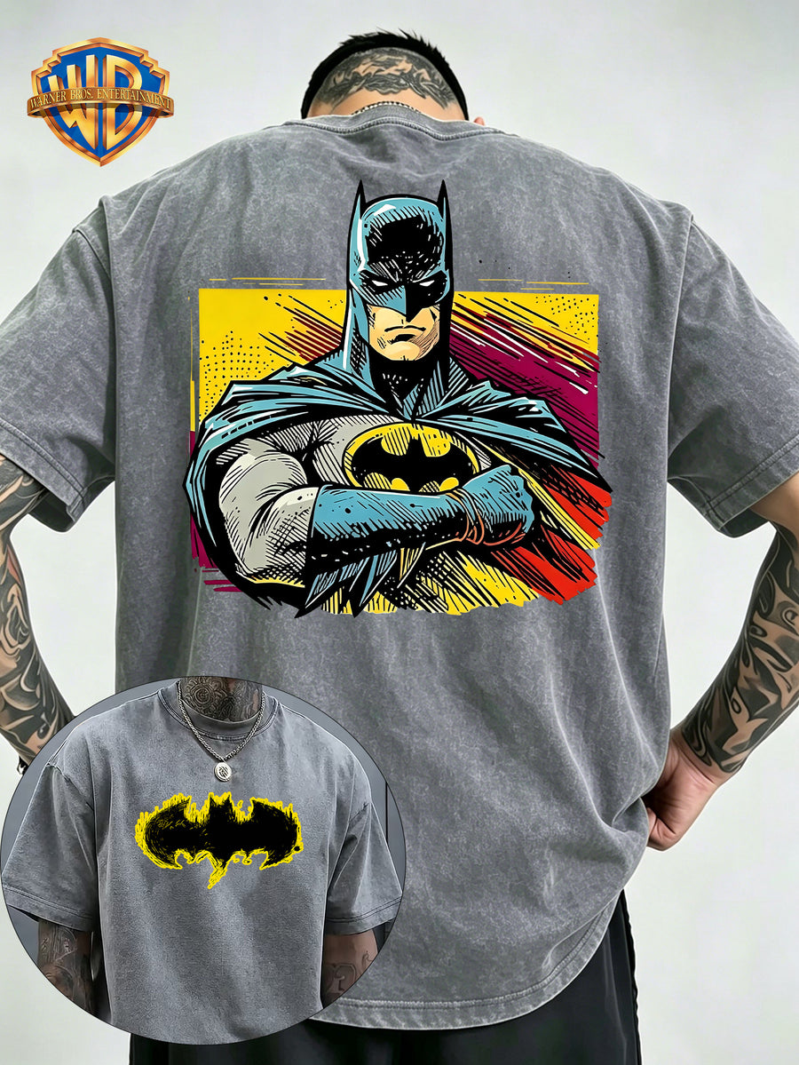 Men'S Washed Short Sleeve T-Shirt, Classic Batman Print on Back, Bold Bat Symbol on Chest, Retro Comic Style Design, Premium Fabric Soft And Breathable, Suitable for Casual Wear, Essential for Trendy Street Style - Grey