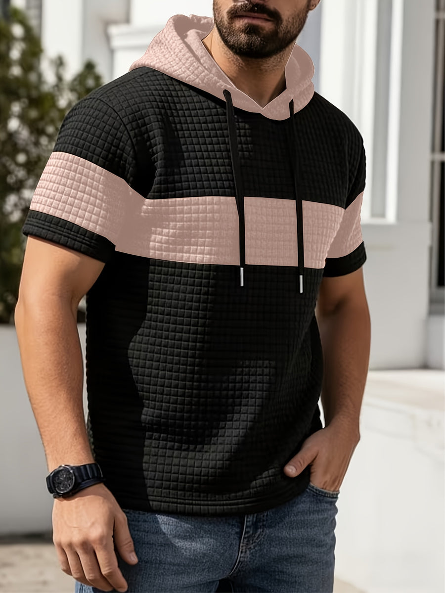 Men'S Summer Essential Hooded Short Sleeve T-Shirt, Casual Loose Fit, Breathable And Wrinkle-Resistant Fabric, Durable And Non-Deformable, Drawstring Hood Design, Arched Hem for Body Shaping, Statement Color Block for Trendy Appeal - pink