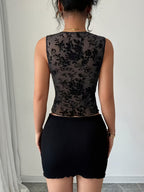 2026 Spring/Summer Women's Elegant Slim-Fit Flocked Mesh Solid Color Lace V-Neck Sexy Tank Top - Black