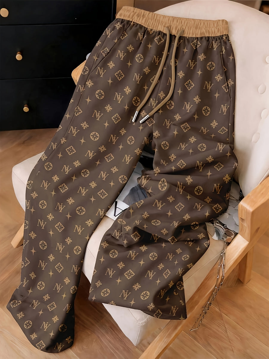Women's Minimalist Printed Casual Pants, Drawstring Pocket Straight-Leg Trousers, Machine Washable and Hand Washable - Reddish Brown