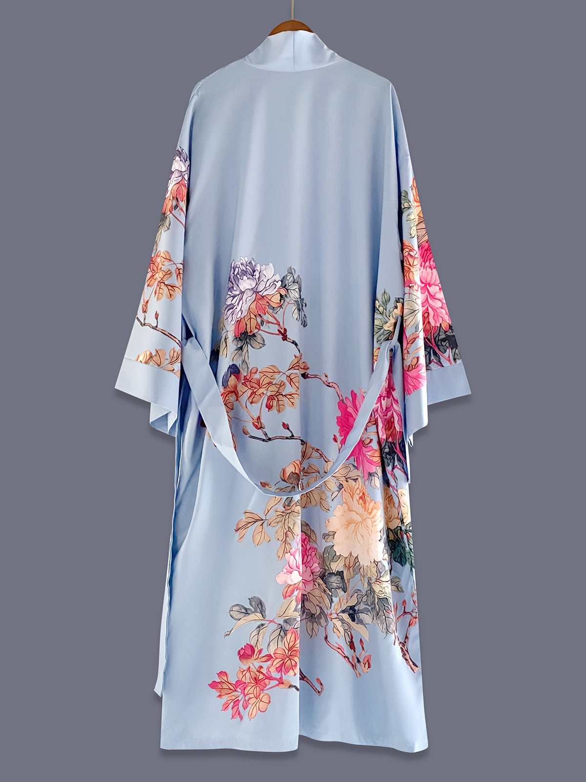 Japanese-style Rose Print Mid-length Three-quarter Sleeve Kimono Cardigan, Lightweight Outerwear for Women, Elegant European and American Ethnic-inspired Streetwear Casual Cover-up, Beach Vacation Travel Uchikake-style Thin Cape Coat, Home Yukata - Bright Steel Blue