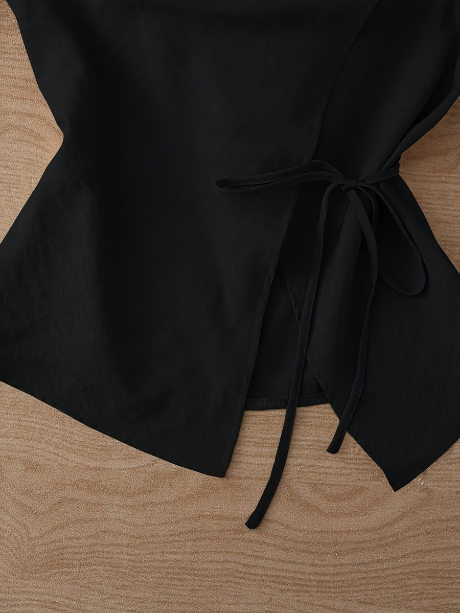 2026 New Sleeveless Vest, Lapel Tie-Waist Waist-Cinching Commuter Temperament Outer Top - Black