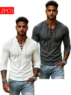 Men'S 2pcs Cross-Lace V-Neck Henley Shirt Long Sleeve T-Shirt Interlock Ribbed Elastic Skin-Friendly Breathable Fabric Off-Shoulder Slim Fit Slimming Top - Light White+Grey