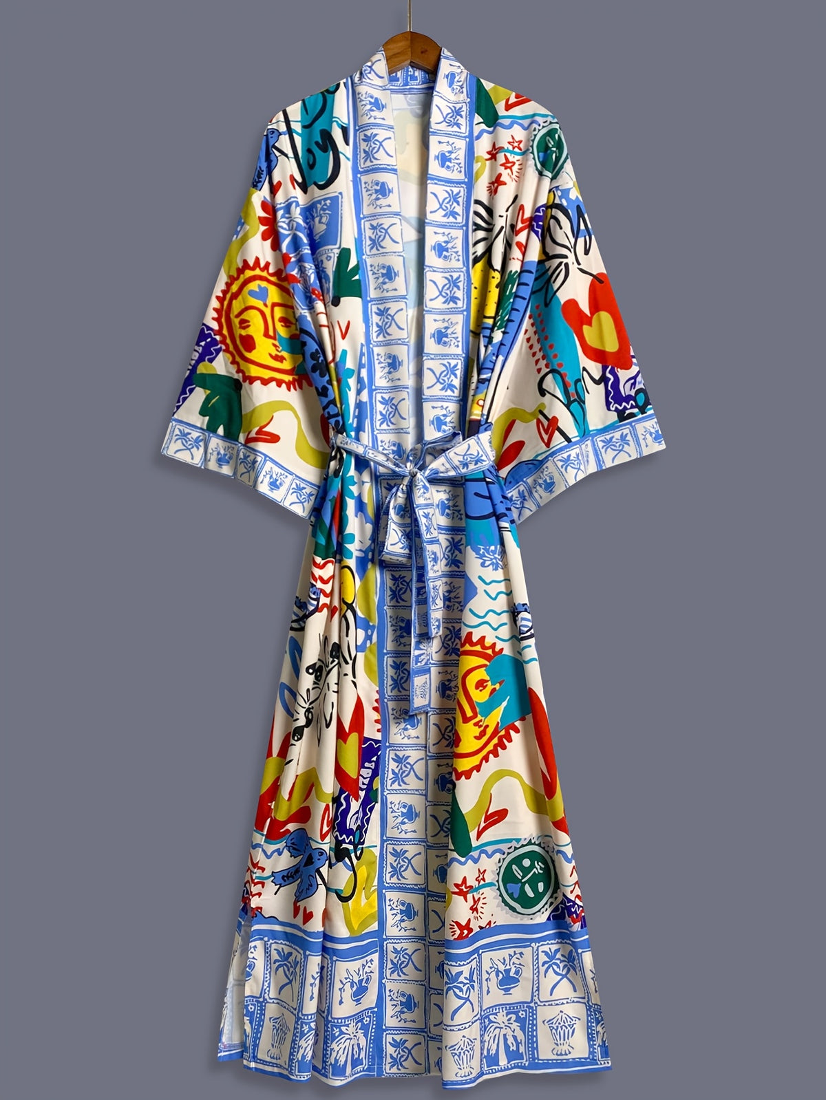 Japanese-style Bohemian Spring/Autumn Sun Floral Print Midi-Length Long Sleeve Kimono Cardigan Thin Outerwear for Women, Elegant Style Casual Cover-Up Jacket, Beach Travel Vacation Lightweight Cape Coat with Split Hem, Home Bathrobe - Blue