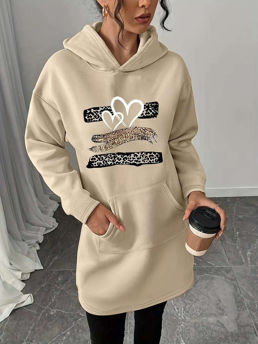 Autumn and Winter Fleece Hoodie Dress with Fashion Trend Print Kangaroo Pocket, Women's Casual Dress, Women's Casual Hoodie - Apricot
