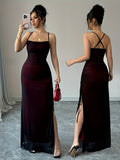 New Spring/Summer Mesh Spaghetti Strap Long Dress for Women, Cross-Back Backless Pleated Slit Slim Fit Hip-Hugging Sexy Banquet Gown - Red