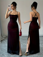 New Spring/Summer Mesh Spaghetti Strap Long Dress for Women, Cross-Back Backless Pleated Slit Slim Fit Hip-Hugging Sexy Banquet Gown - Red