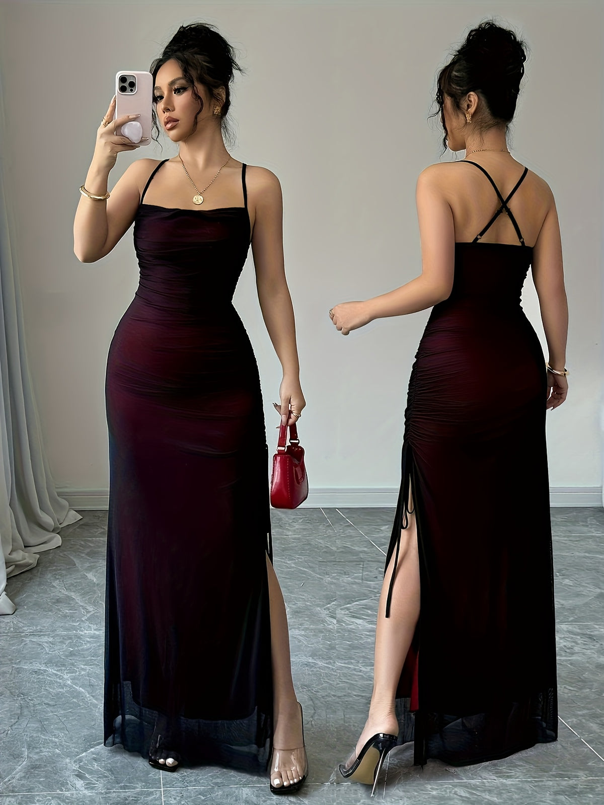 New Spring/Summer Mesh Spaghetti Strap Long Dress for Women, Cross-Back Backless Pleated Slit Slim Fit Hip-Hugging Sexy Banquet Gown - Red